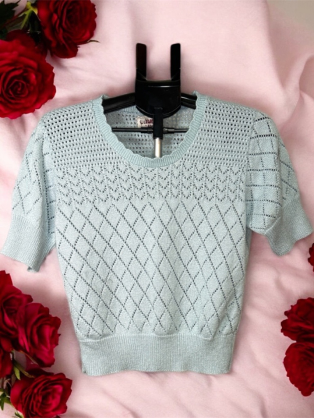 Laura by Alyzia Knit Crop Sweater Light Blue Short Sleeve Vintage USA